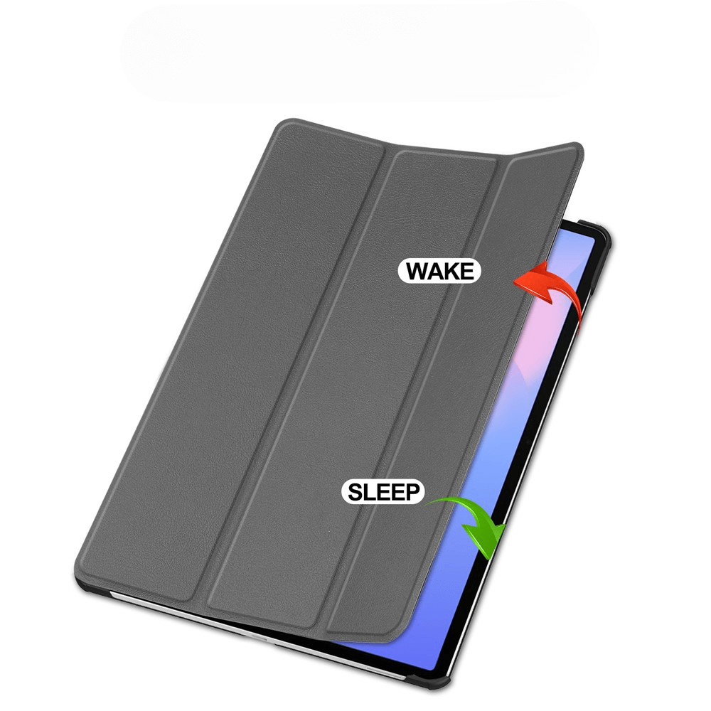 Étui gris pour tablette montrant les modes veille et réveil avec des flèches.