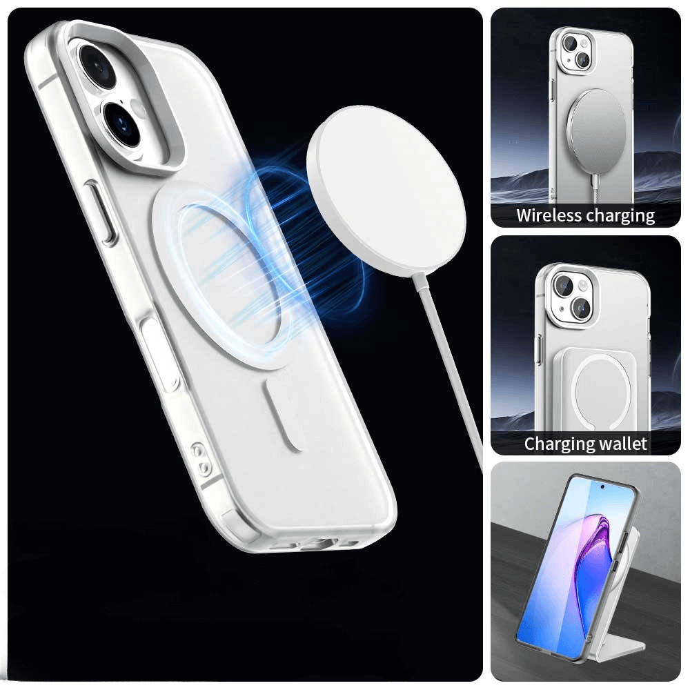 Una cover trasparente per telefono con caricabatterie MagSafe, ritratto di ricarica e portafoglio.