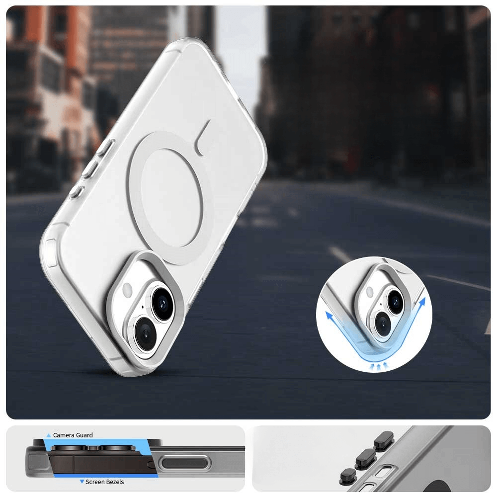 Custodia trasparente per telefono con anello MagSafe e protezione.