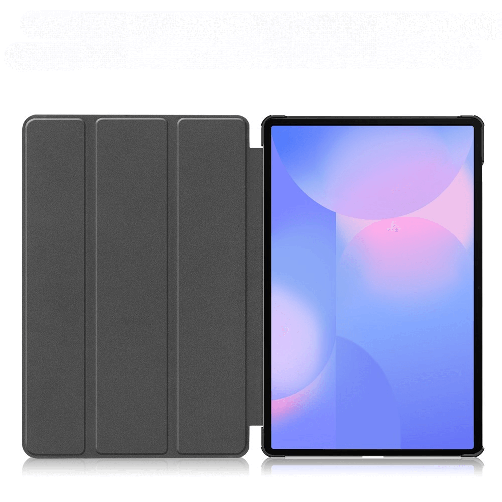 Ein graues Tablet mit einer aufgeschlagenen Hülle und einem bunten Bildschirm.