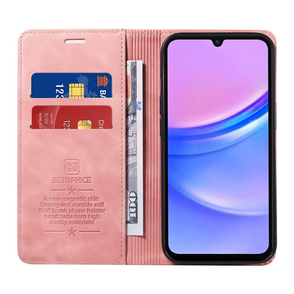 Custodia rosa per telefono con slot per carte e contanti, smartphone con sfondo rosa.