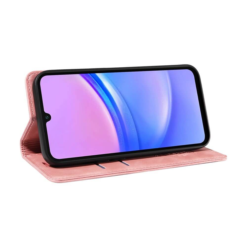 Una custodia rosa per telefono con uno smartphone dallo sfondo blu e rosa.
