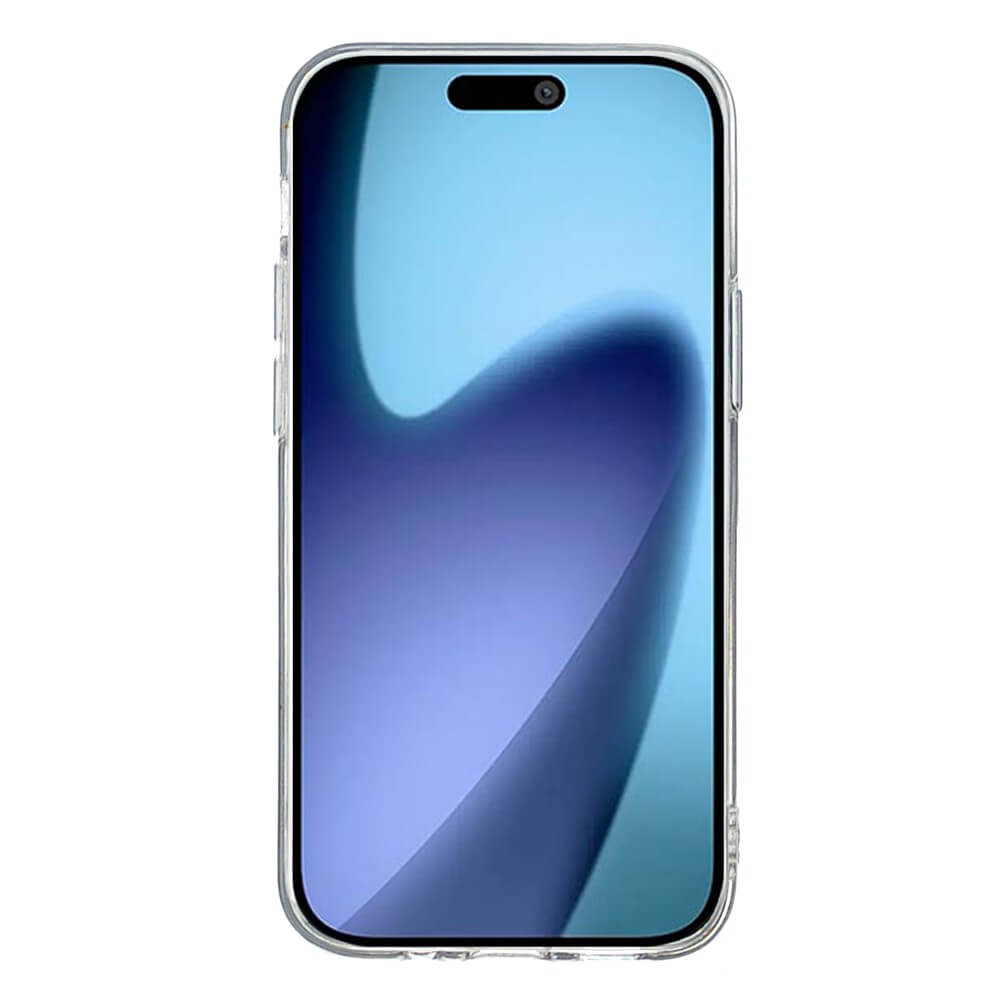 Una cover trasparente per telefono con uno sfondo astratto blu e viola.
