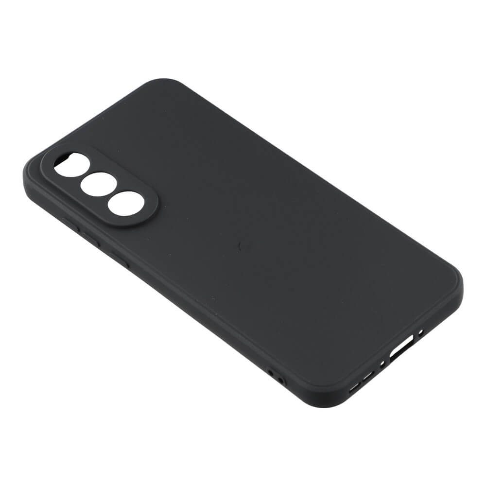 Cover nera per telefono con tre ritagli circolari per fotocamera.