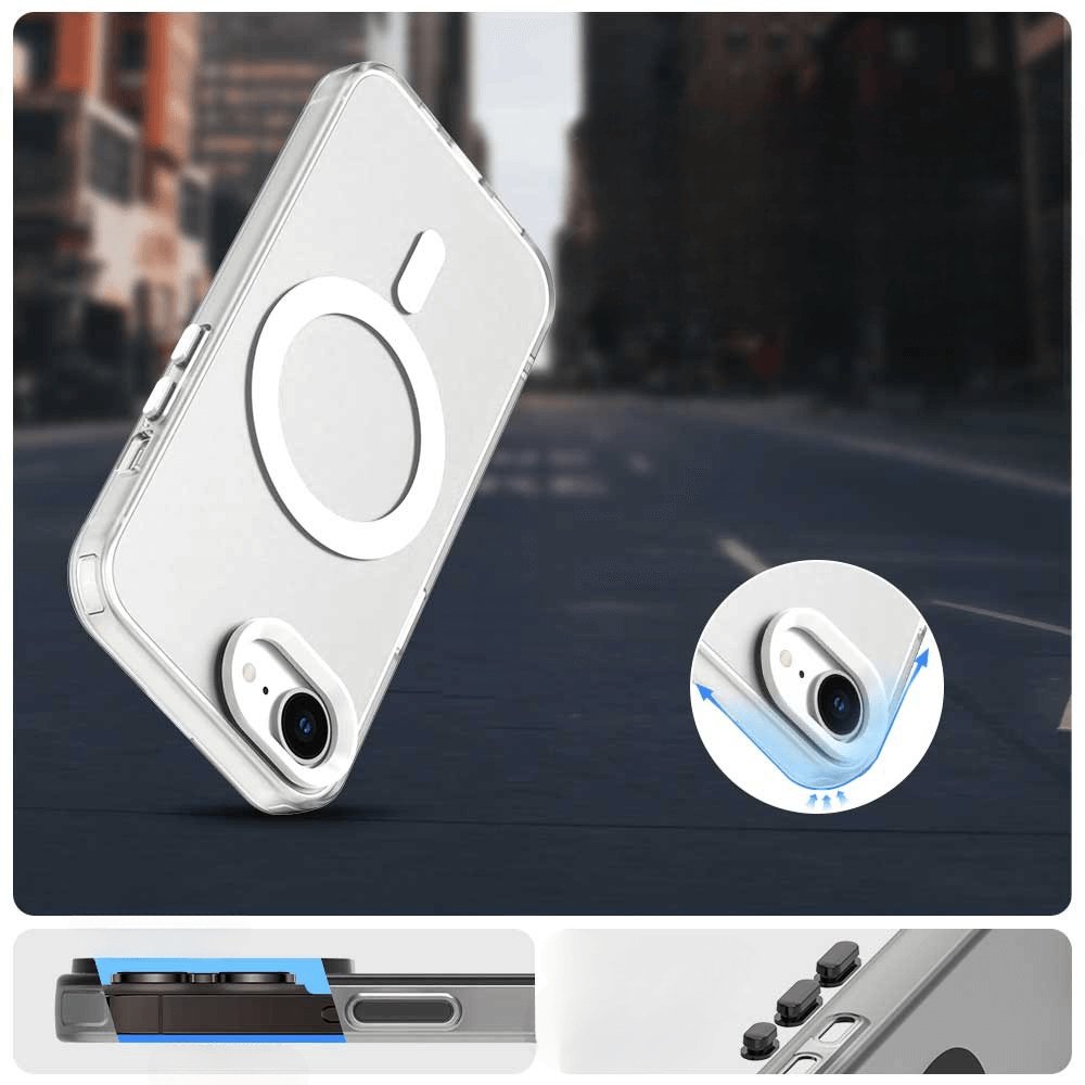 Custodia trasparente per telefono con anello magnetico bianco e ritaglio fotocamera su sfondo stradale.