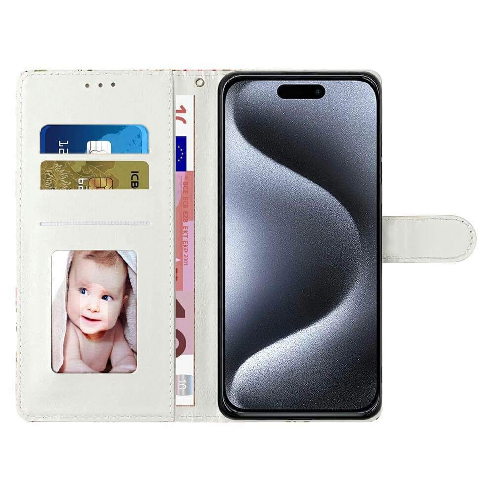 Portafoglio aperto con foto di bambino, carte e banconote, smartphone accanto.
