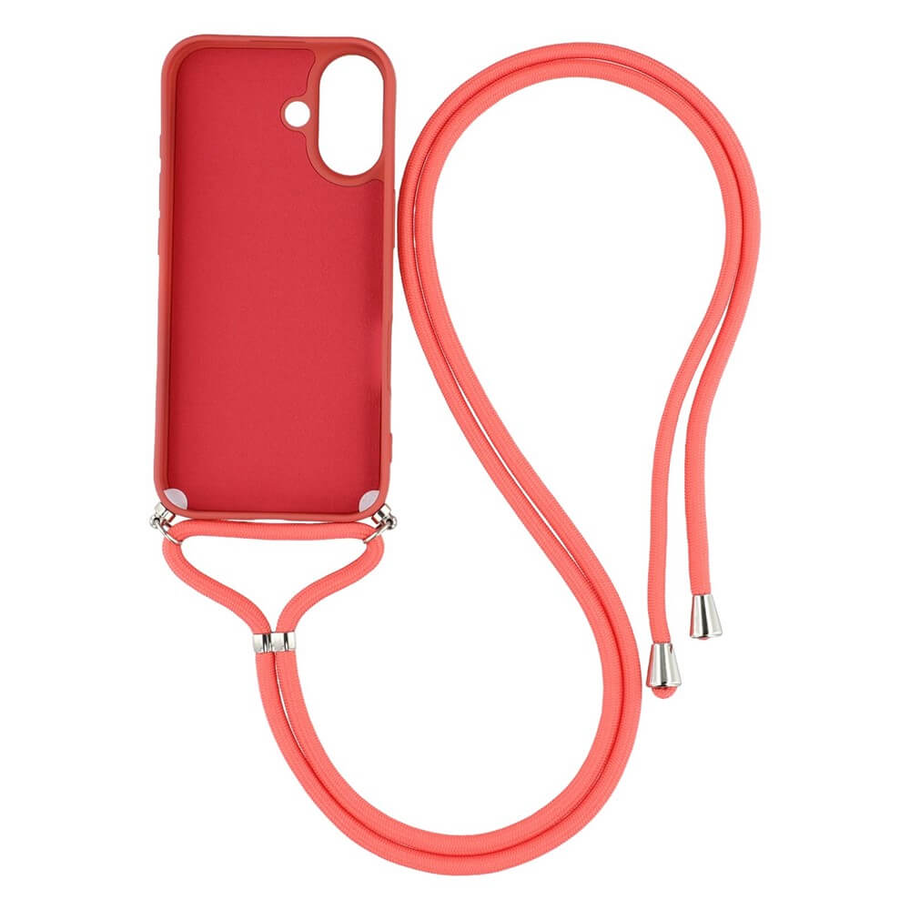 Custodia rossa per telefono con laccio.