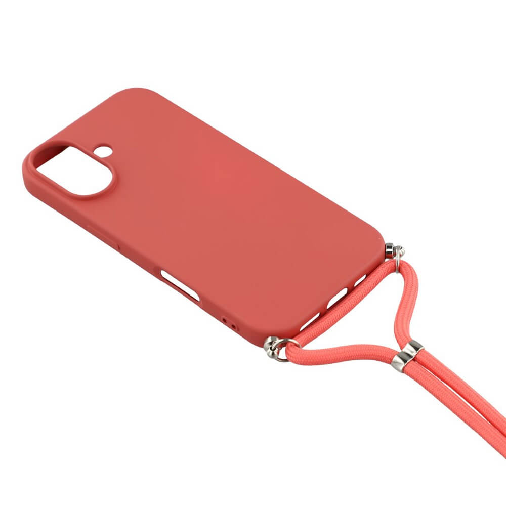 Custodia rossa per telefono con cordino e anelli argentati, su sfondo bianco.
