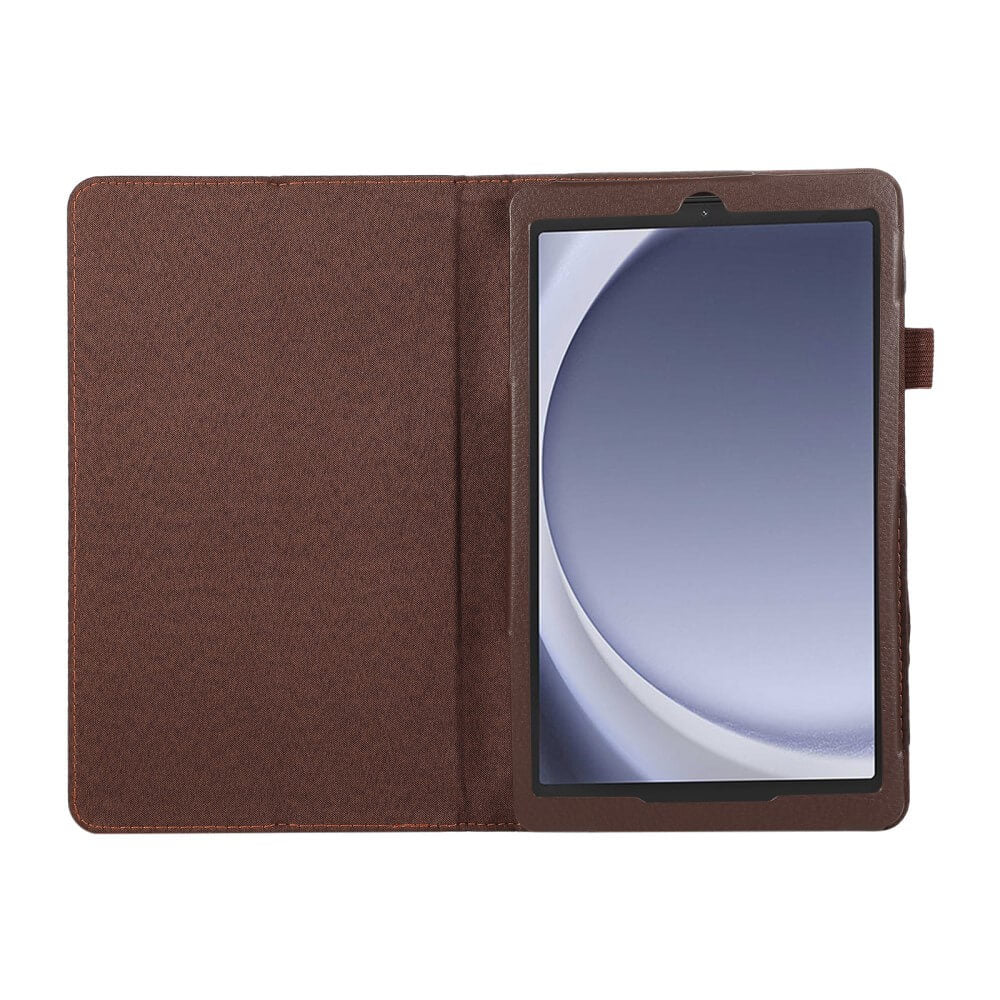 Braunes Tablet-Etui geöffnet mit Tablet-Bildschirm.