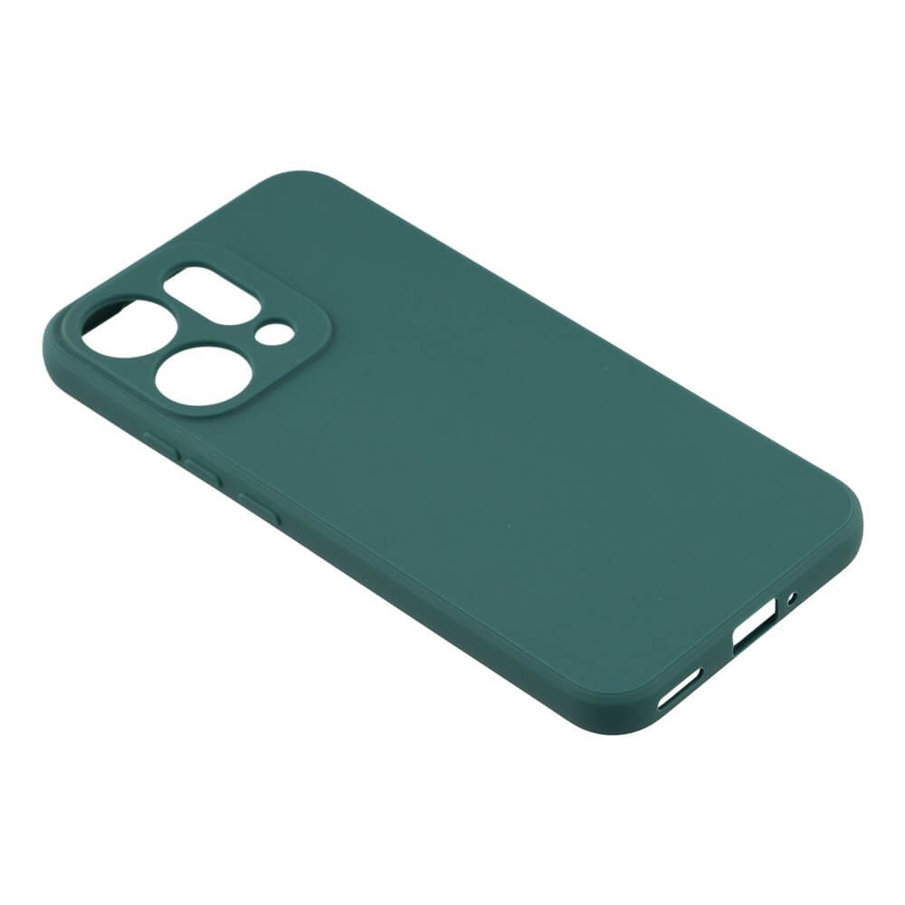 Una custodia per telefono verde scuro con ritagli per fotocamere e porte.