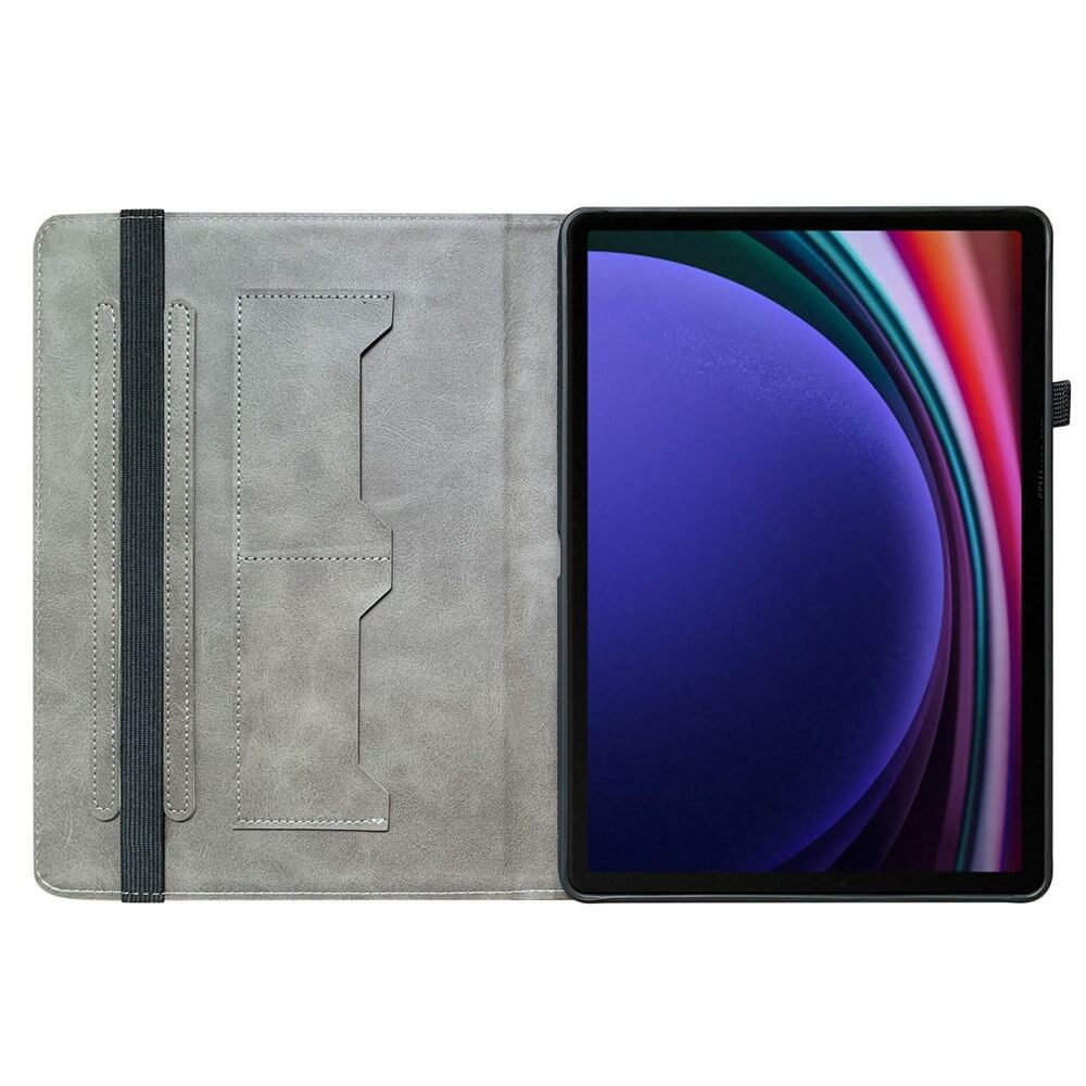 Graues Tablet-Etui mit Einsteckfächern und einem Tablet mit blauem Hintergrund.