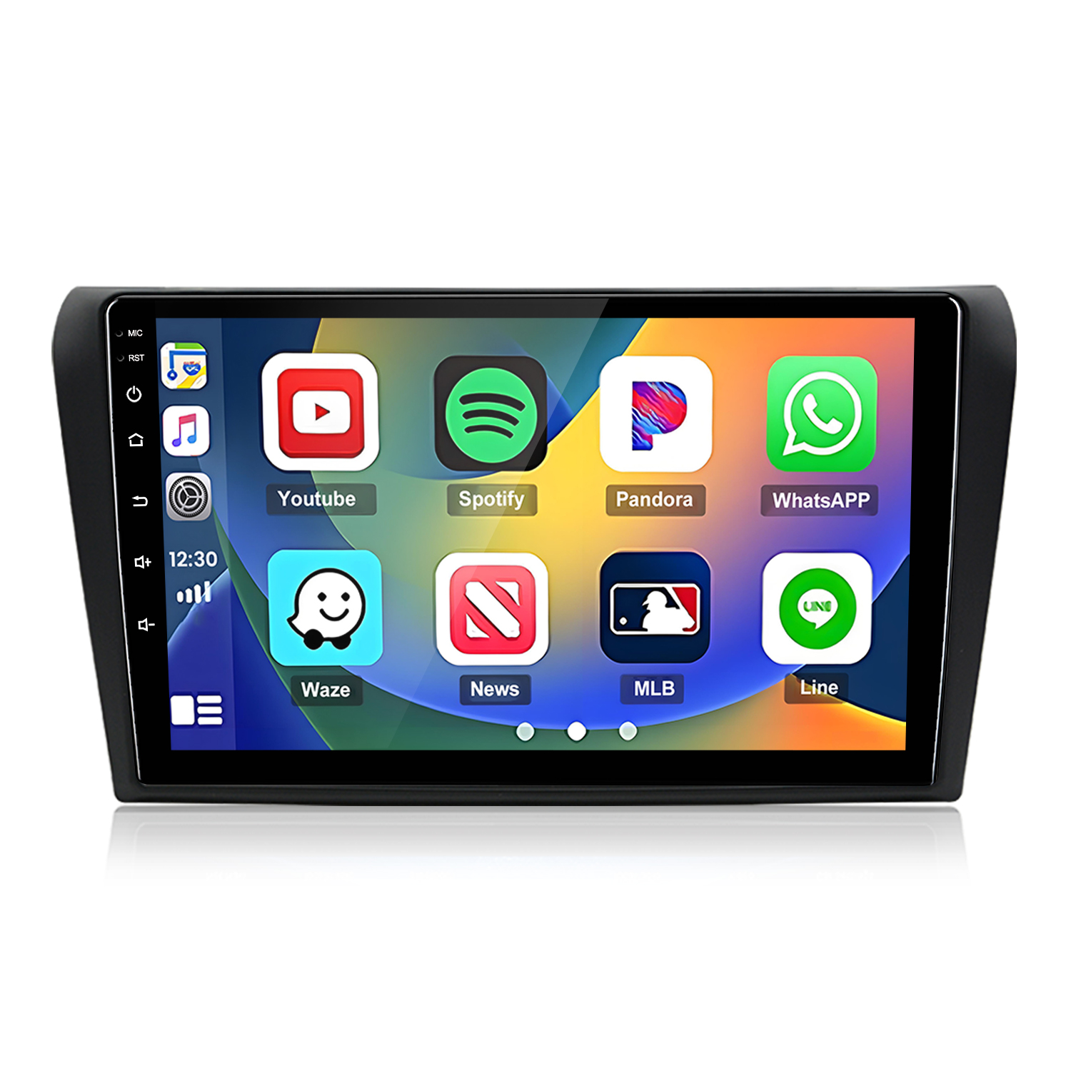 Una pantalla de radio de coche muestra iconos de aplicaciones: YouTube, Spotify, Pandora, WhatsApp.
