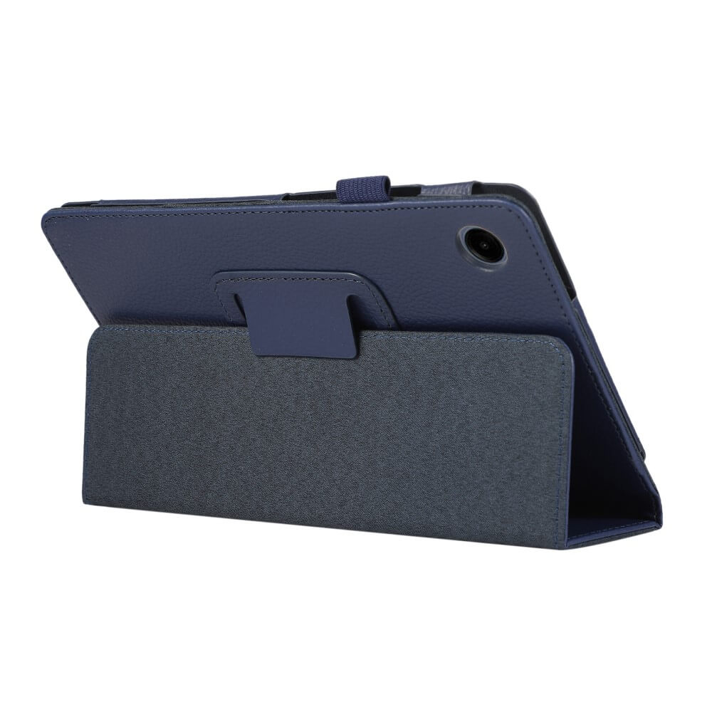 Dunkelblauer Tablet-Ständer mit geprägtem Leder und Stoffeinsatz.