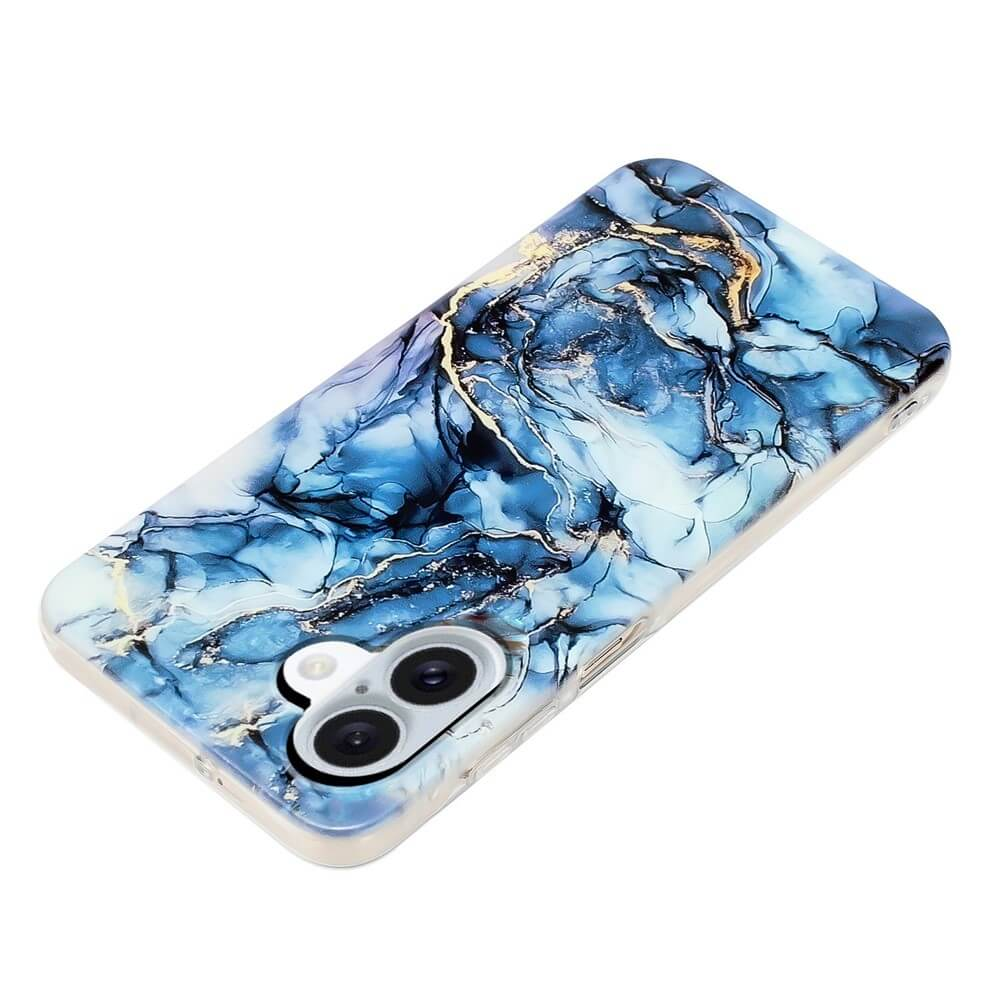 Una cover per telefono effetto marmo blu con accenti dorati, isolata su sfondo bianco.