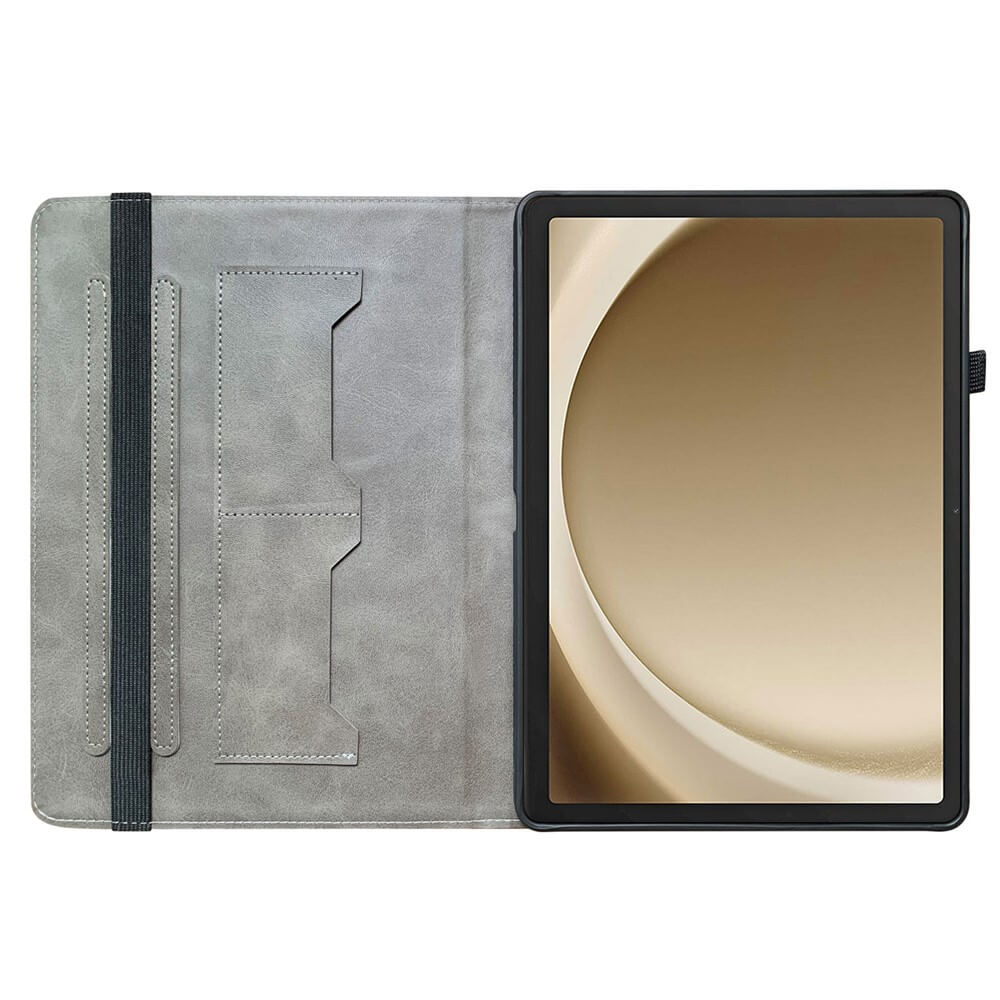Graues Tablet-Etui mit Einschubfächern und einem Tablet.