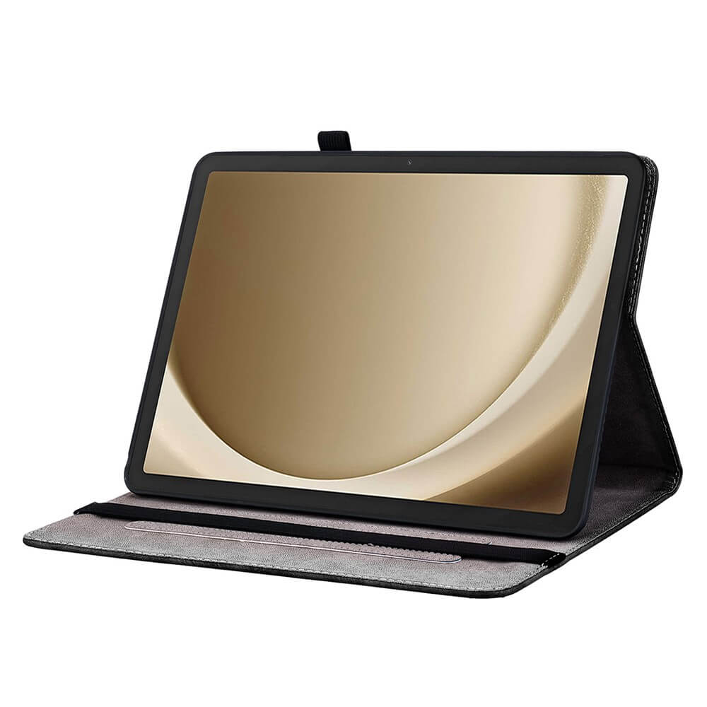 Ein Tablet in einer schwarzen Hülle mit einem goldenen Hintergrund auf dem Bildschirm.