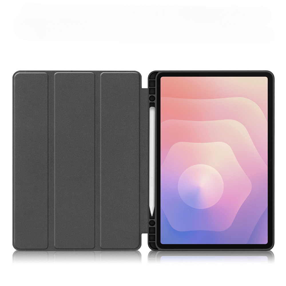 Ein dunkler Tablet-Ständer mit einem weißen Stift daneben.