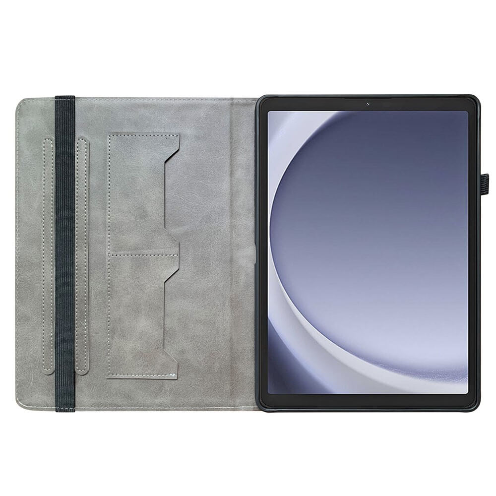 Graues Tablet-Etui mit Steckplätzen und einem darin liegenden Tablet.