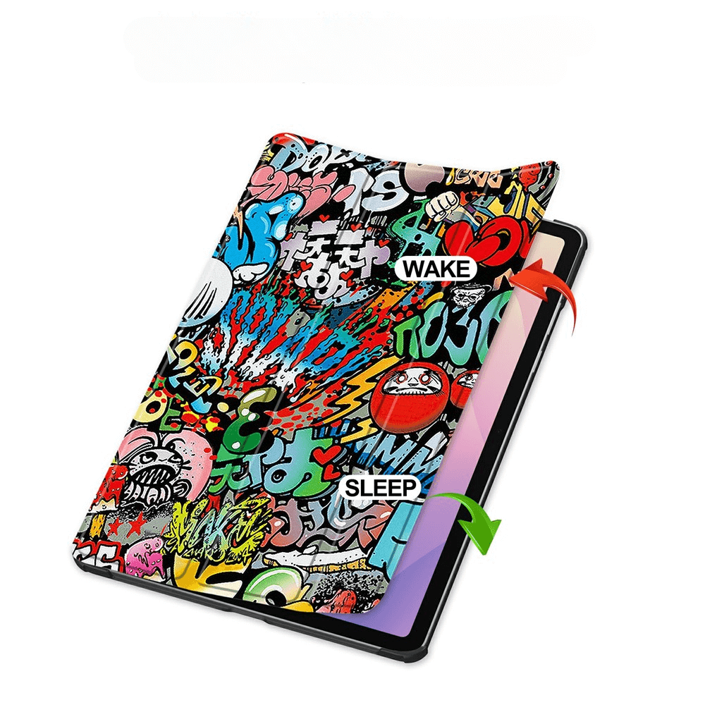 Tablet-Hülle mit Graffiti-Kunst, mit den Wörtern WAKE und SLEEP.