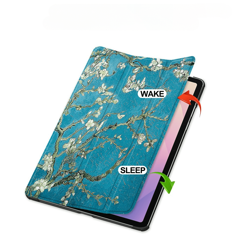 Ein Tablet mit einer Schutzhülle, die Van Goghs Mandelblüte zeigt.
