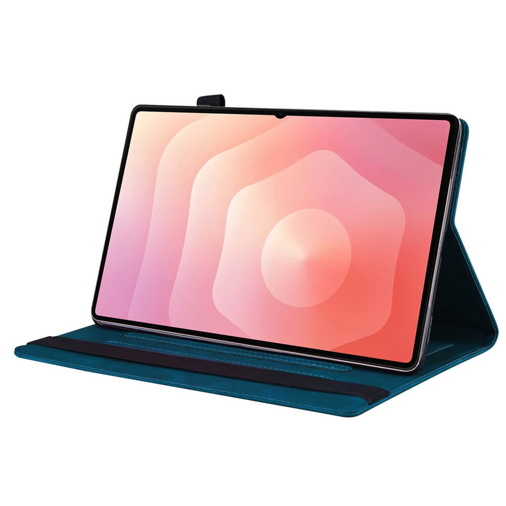 Ein türkisfarbener Tablet-Ständer hält ein Tablet mit farbenfroher abstrakter Tapete in Pink- und Orangetönen.