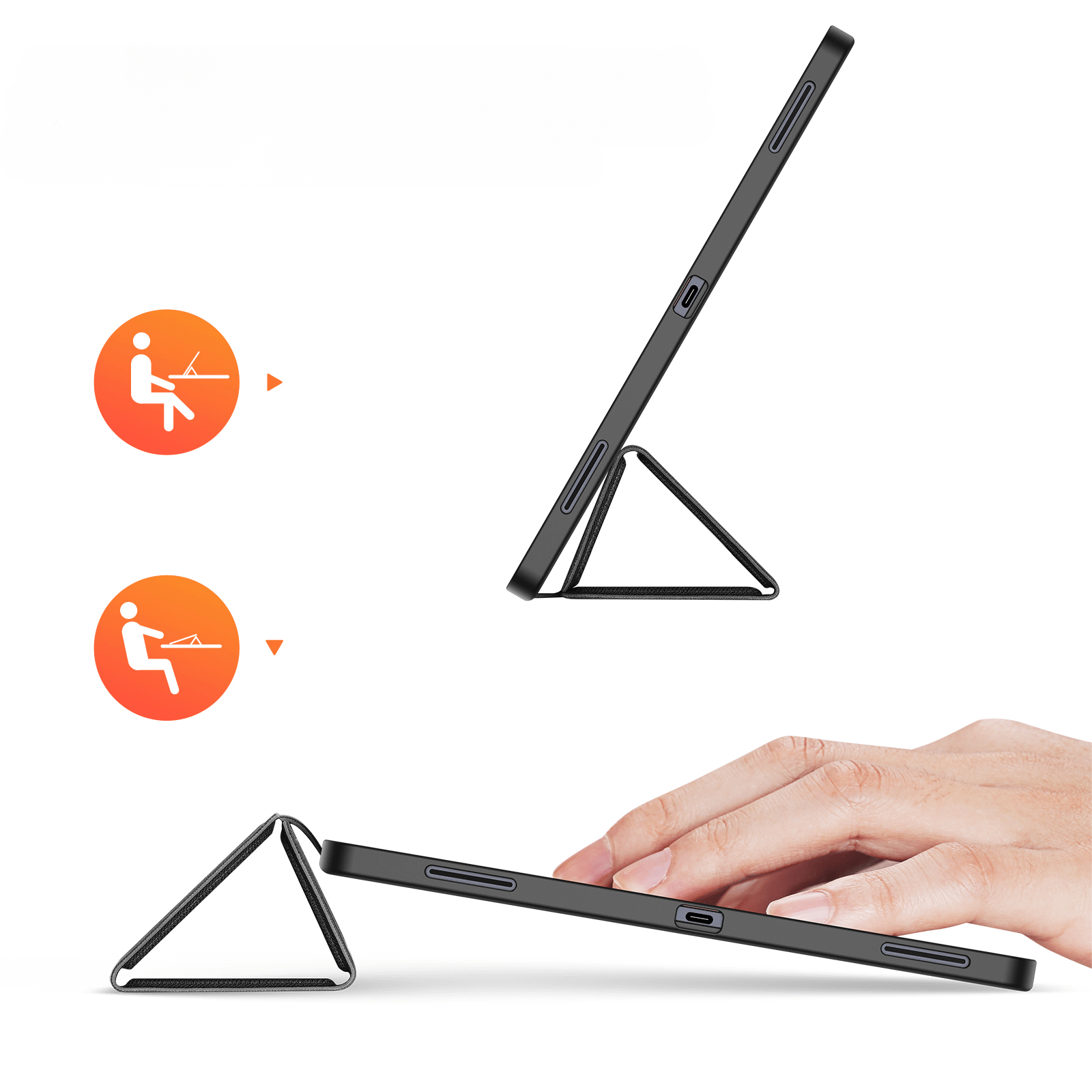 Ein schwarzes Tablet mit Ständer, das zu verschiedenen Blickwinkeln aufgestellt ist.