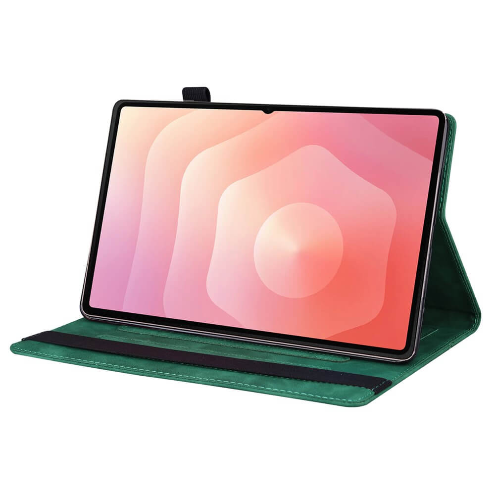 Ein Tablet in einem dunkelgrünen Gehäuse mit einem bunten Hintergrund auf dem Bildschirm.