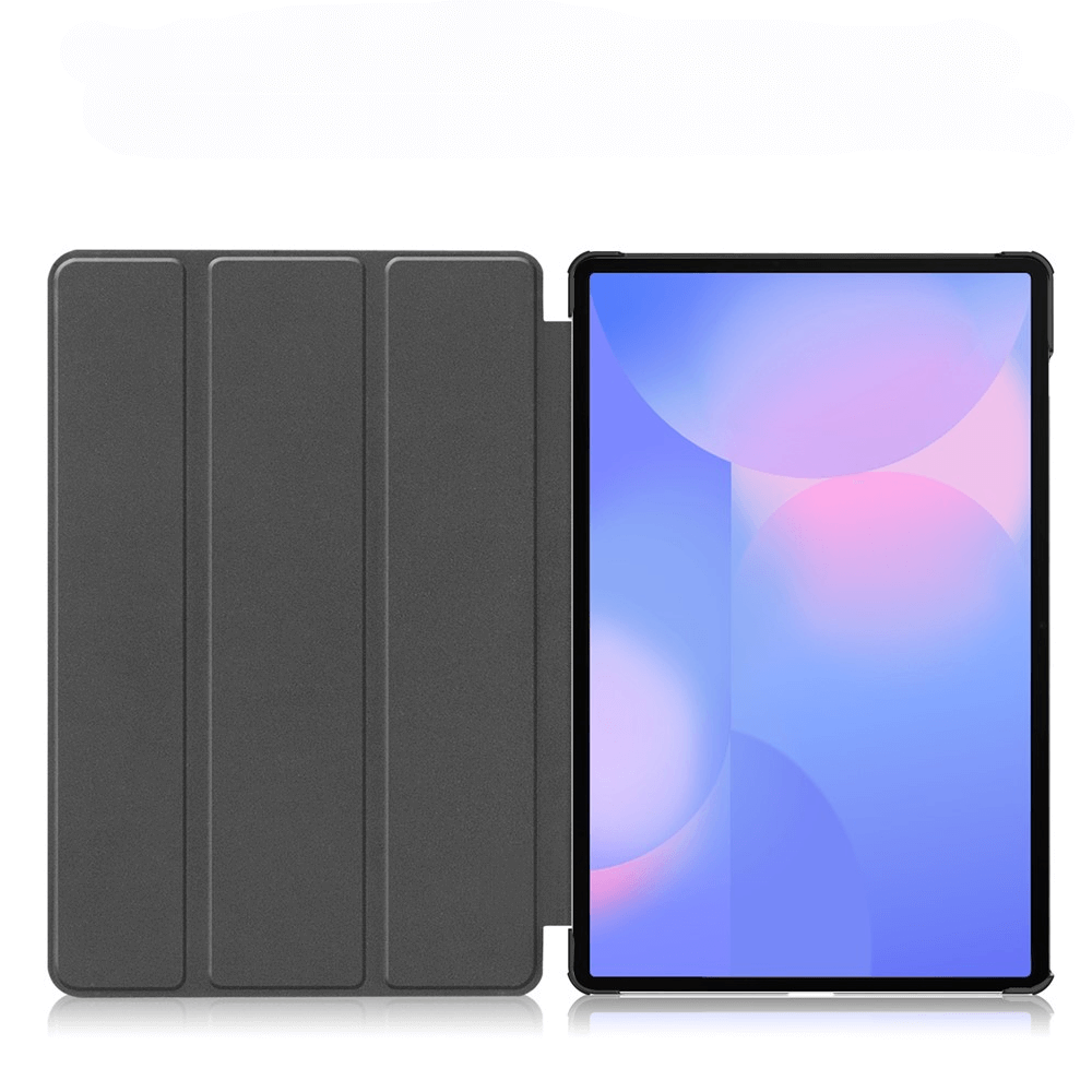 Dunkelgraues Tablet mit offenem Klappdeckel. Das Display zeigt abstrakte, weiche Formen in Rosa und Blau.