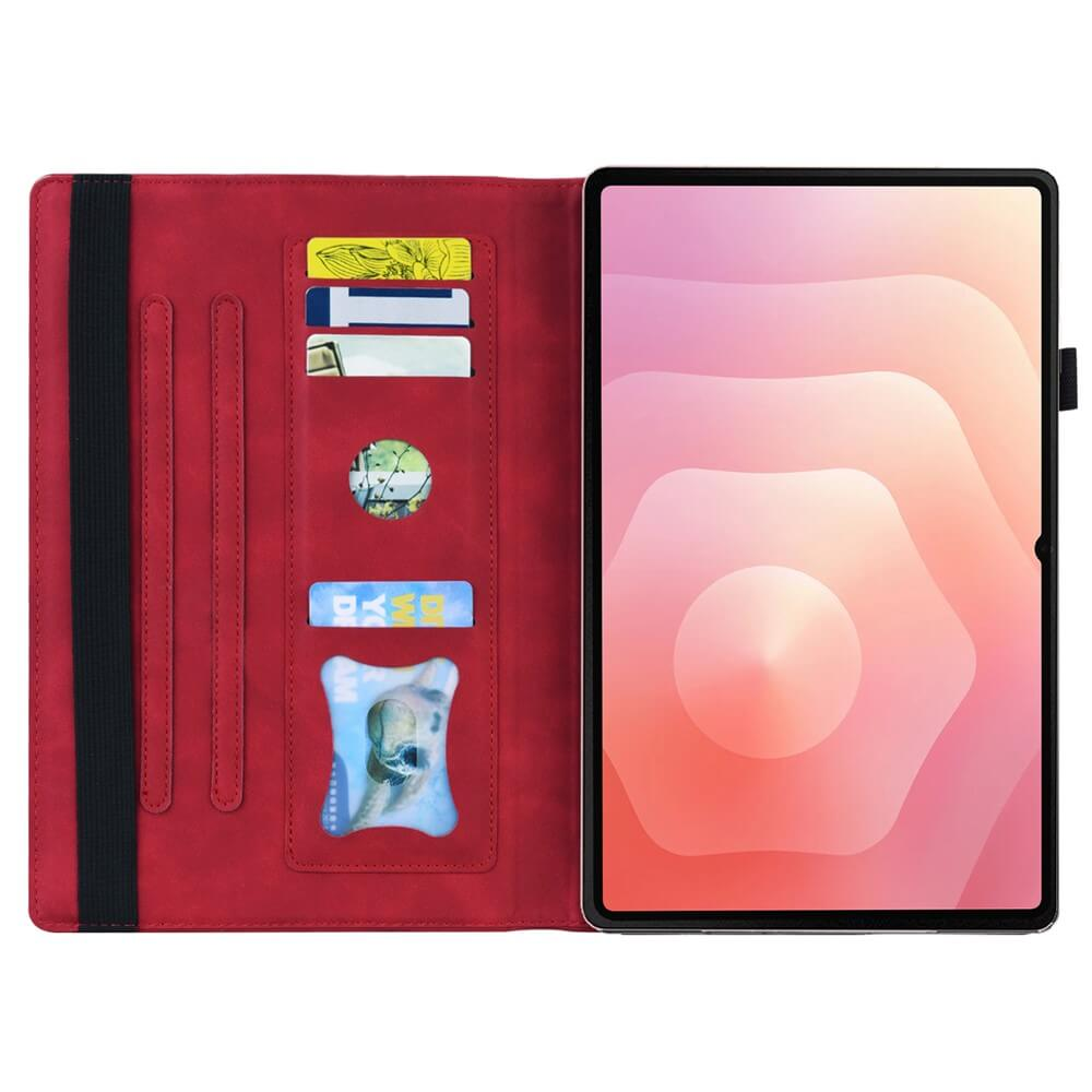 Rotes Tablet-Etui mit Kartenfächern und einem Tablet mit rosafarbenem Hintergrund.