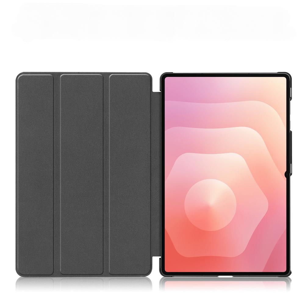 Ein dunkler Tablet-Ständer mit einer geöffneten, gefalteten Klappe und einem Bildschirm mit Farbverlauf.