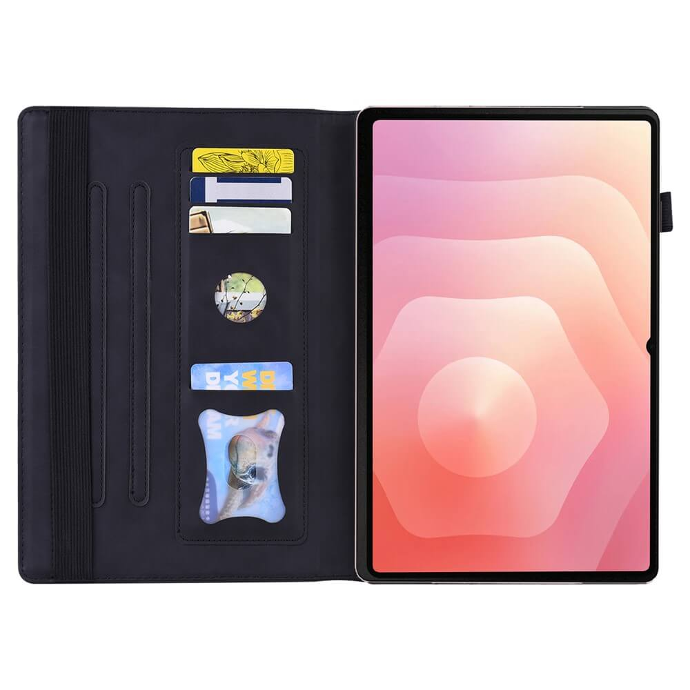 Schwarzes Tablet mit Kartenfach. Der Bildschirm zeigt ein abstraktes Muster.