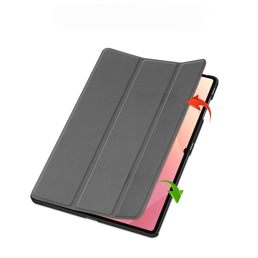 Graue Tablet-Hülle mit drei Falten, die geöffnet wird, um ein rosa Display zu zeigen.