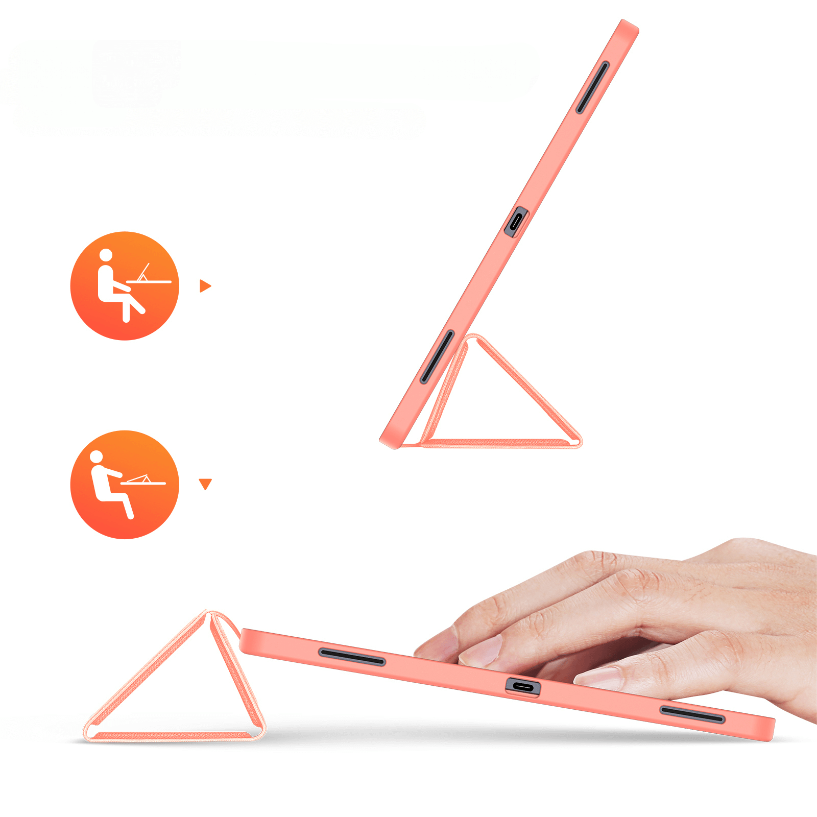 Ein rosafarbener Tablet-Ständer, der in zwei Positionen gezeigt wird, mit Icons.
