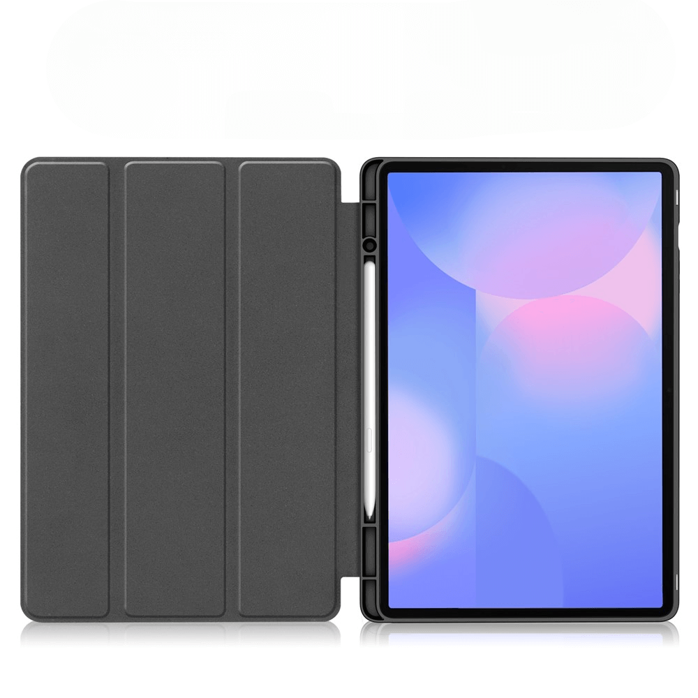 Ein dunkler Tablet-Ständer mit einem aufgeschlagenen Tablet, das einen bunten Hintergrund anzeigt.