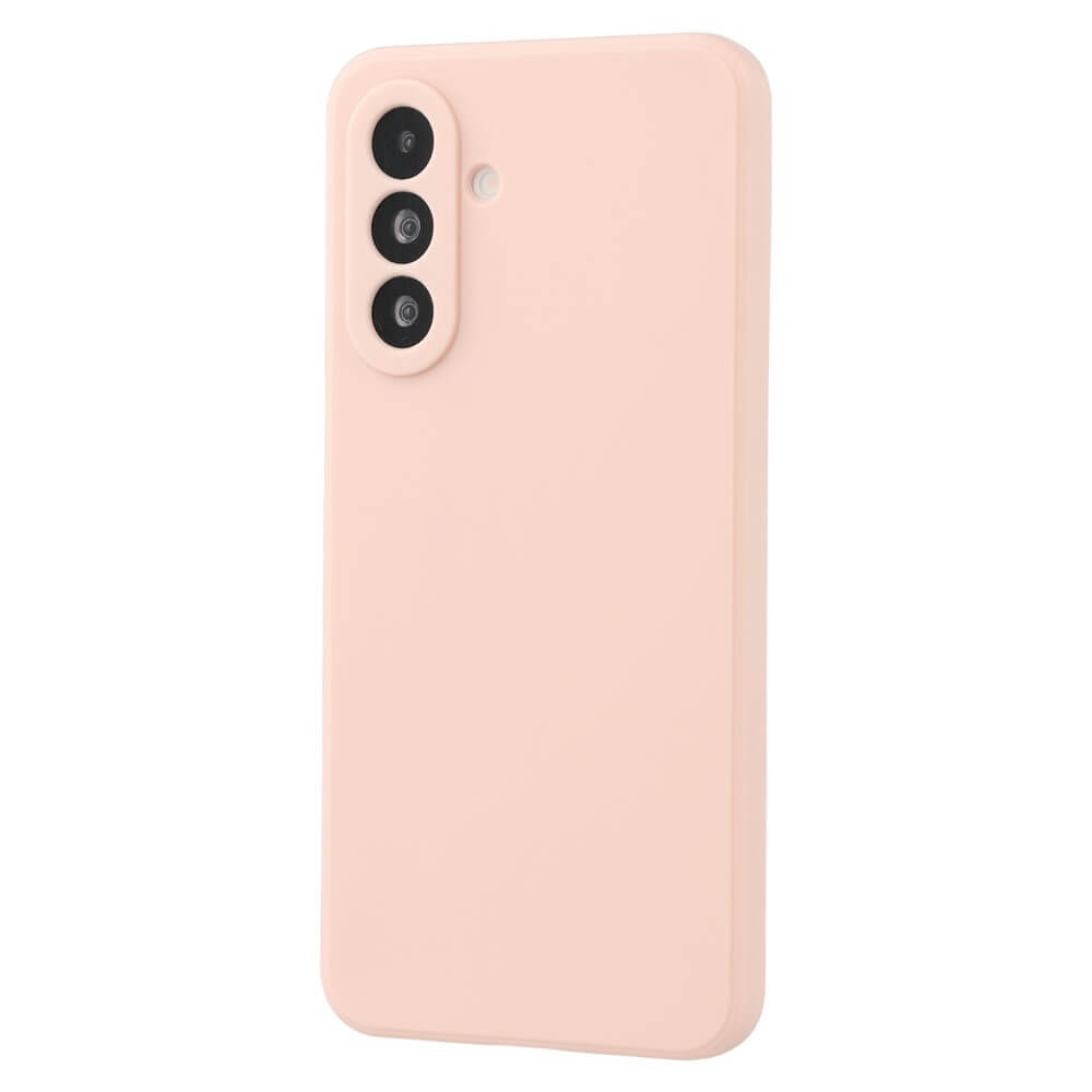 Una cover per telefono rosa con tre obiettivi della fotocamera e un flash.