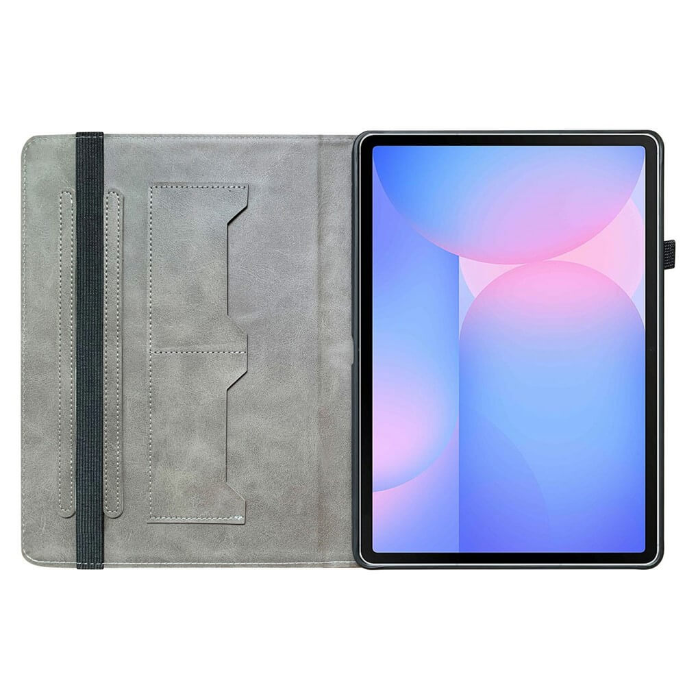 Graue Tablet-Hülle mit offenen Seiten und einem Tablet mit blau-rosa Hintergrund.