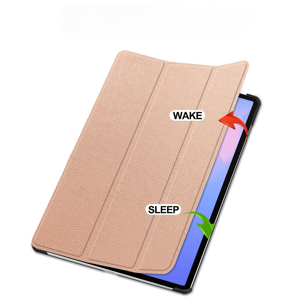 Ein roségoldenes Tablet mit Hülle. Pfeile zeigen "Wake" und "Sleep" an.