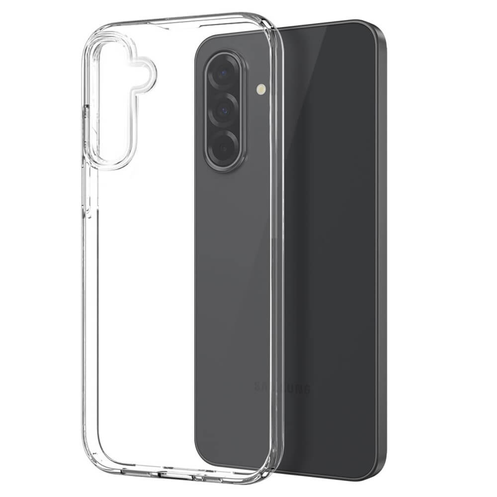 Una custodia trasparente per telefono accanto a uno smartphone scuro.