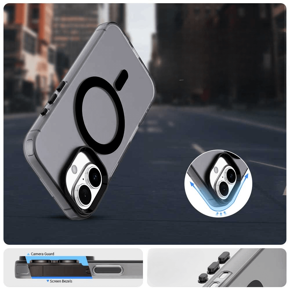 Custodia trasparente con anello magnetico nero e protezione fotocamera.