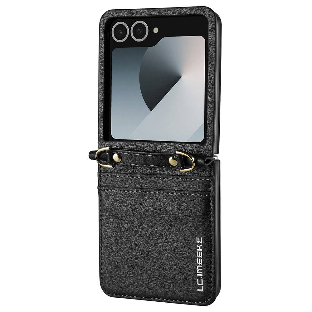 Coque noire pour téléphone à clapet avec fentes pour cartes et deux caméras arrière.