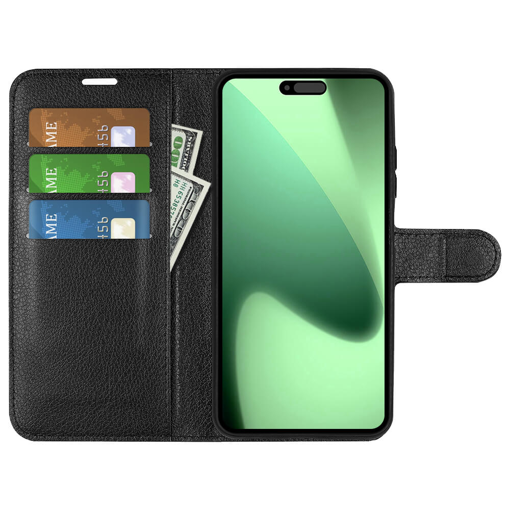 Étui portefeuille en cuir noir avec trois cartes de crédit, un billet de 100 dollars et un téléphone.