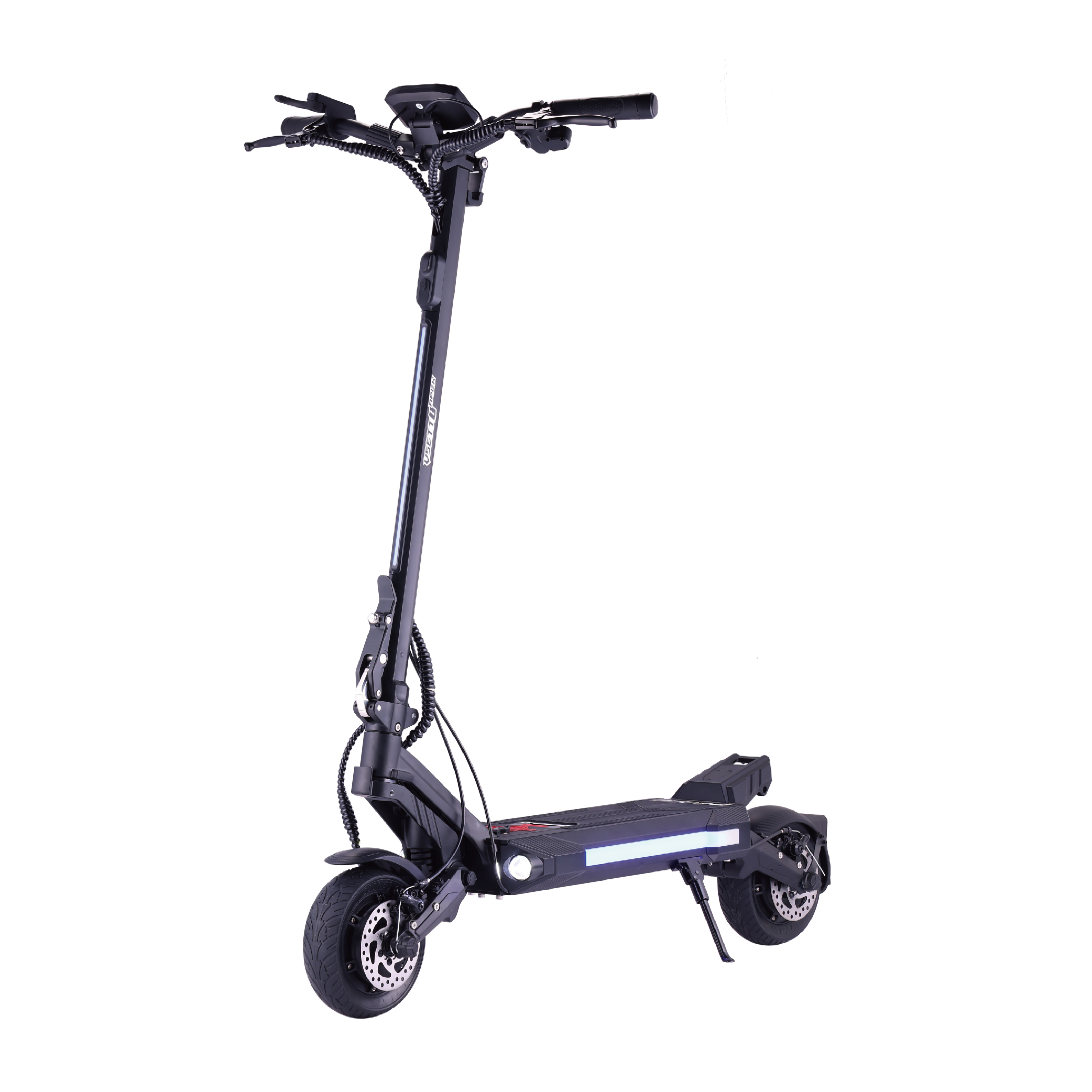 Işıklı, frenli ve ekranlı siyah elektrikli scooter.