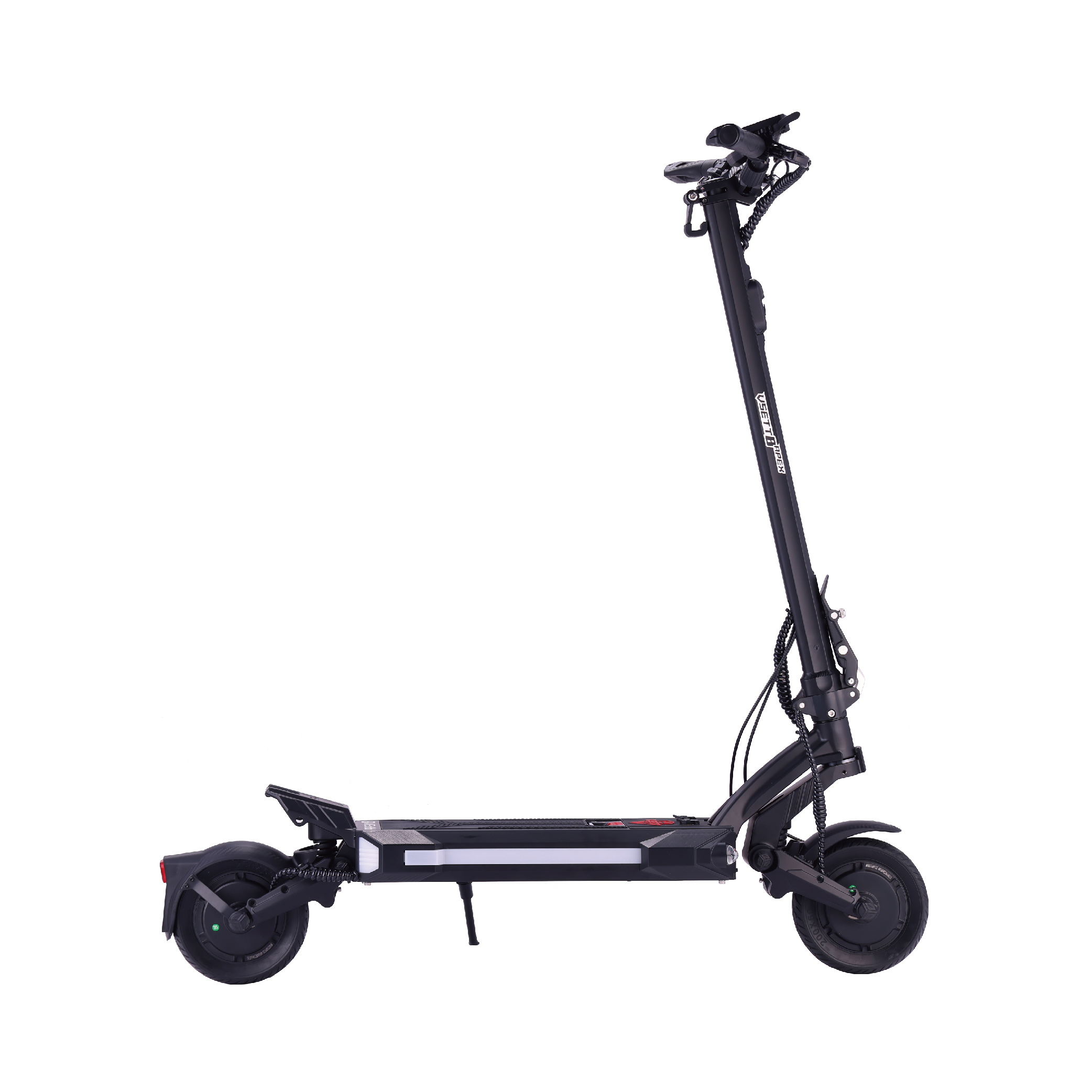 Siyah elektrikli scooter, üzerinde beyaz ışık şeridi var.