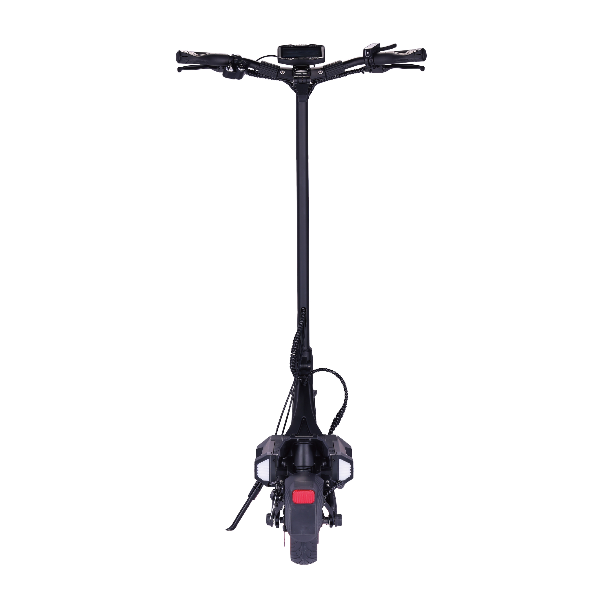 Ekranlı, gidonlu ve tekerlekli siyah elektrikli scooter, önden görünüm.