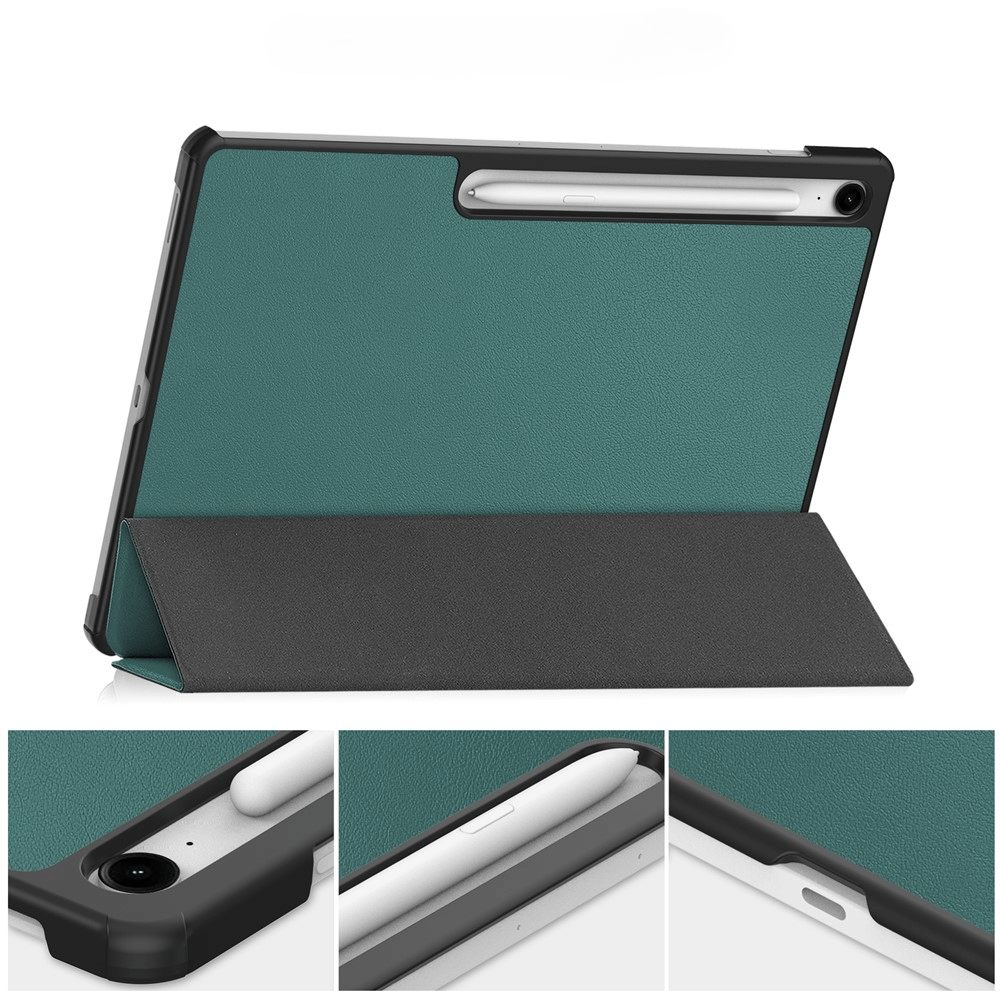 Ein Tablet mit grüner Hülle und Stifthalterung steht aufrecht.