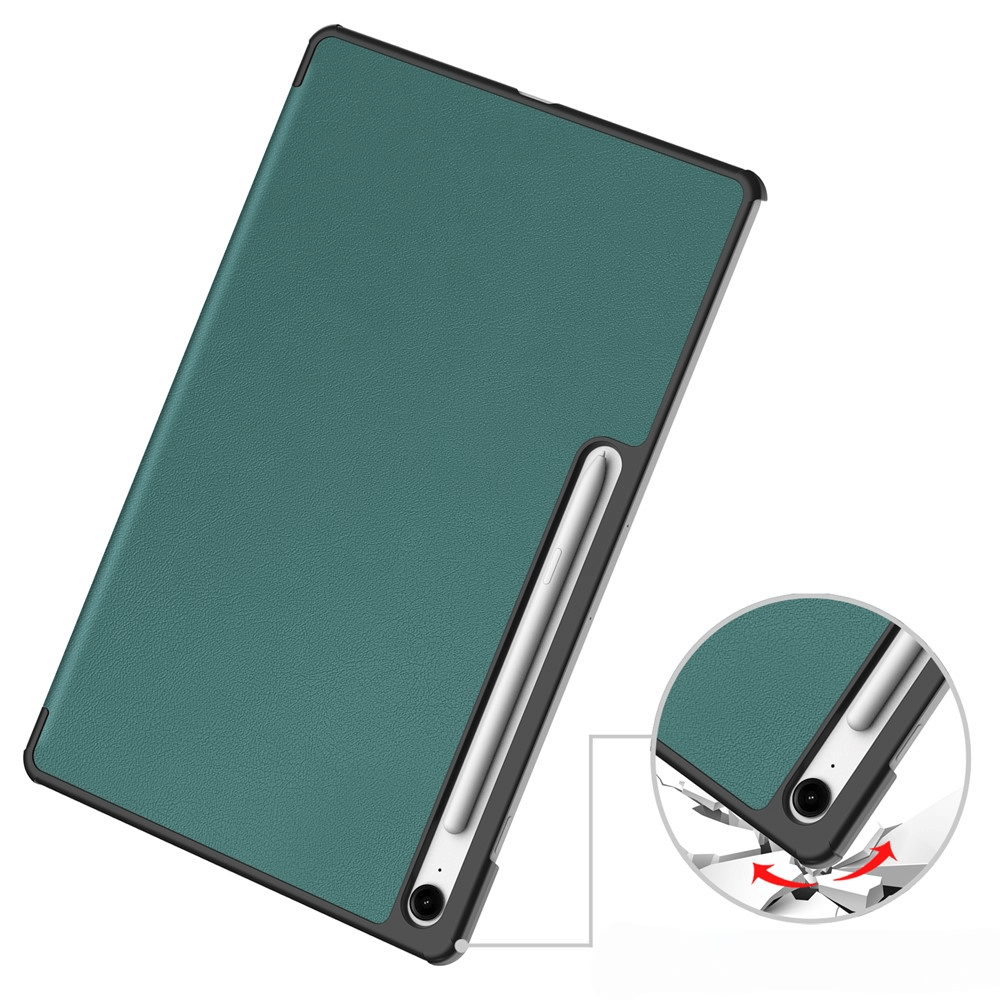 Grüne Tablet-Hülle mit Stifthalter und Kamerausschnitt, Schutz vor Stürzen.