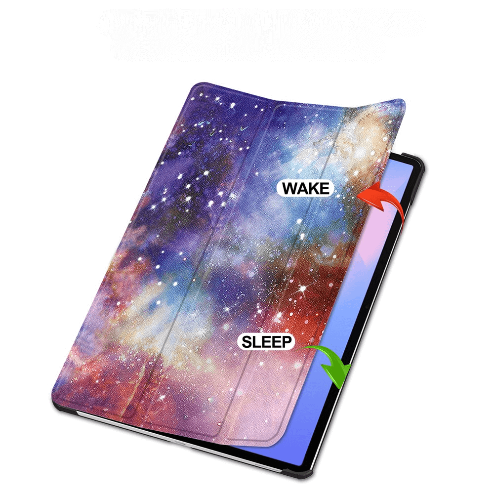 Ein Tablet mit einem galaktischen Muster-Schutzhülle, offen mit "WAKE" und "SLEEP" Beschriftungen.