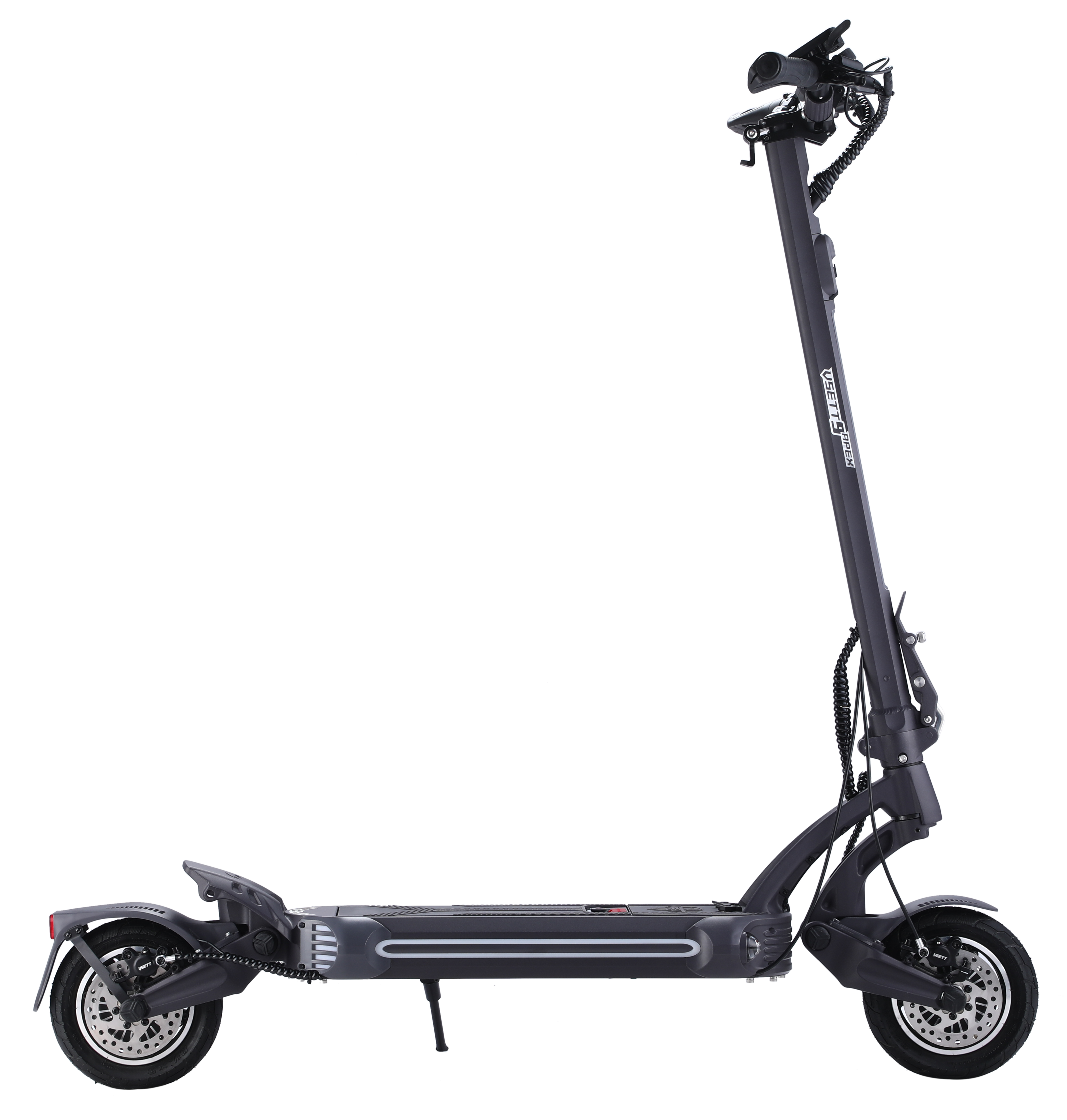 Disk frenli ve süspansiyonlu koyu renkli modern elektrikli scooter.