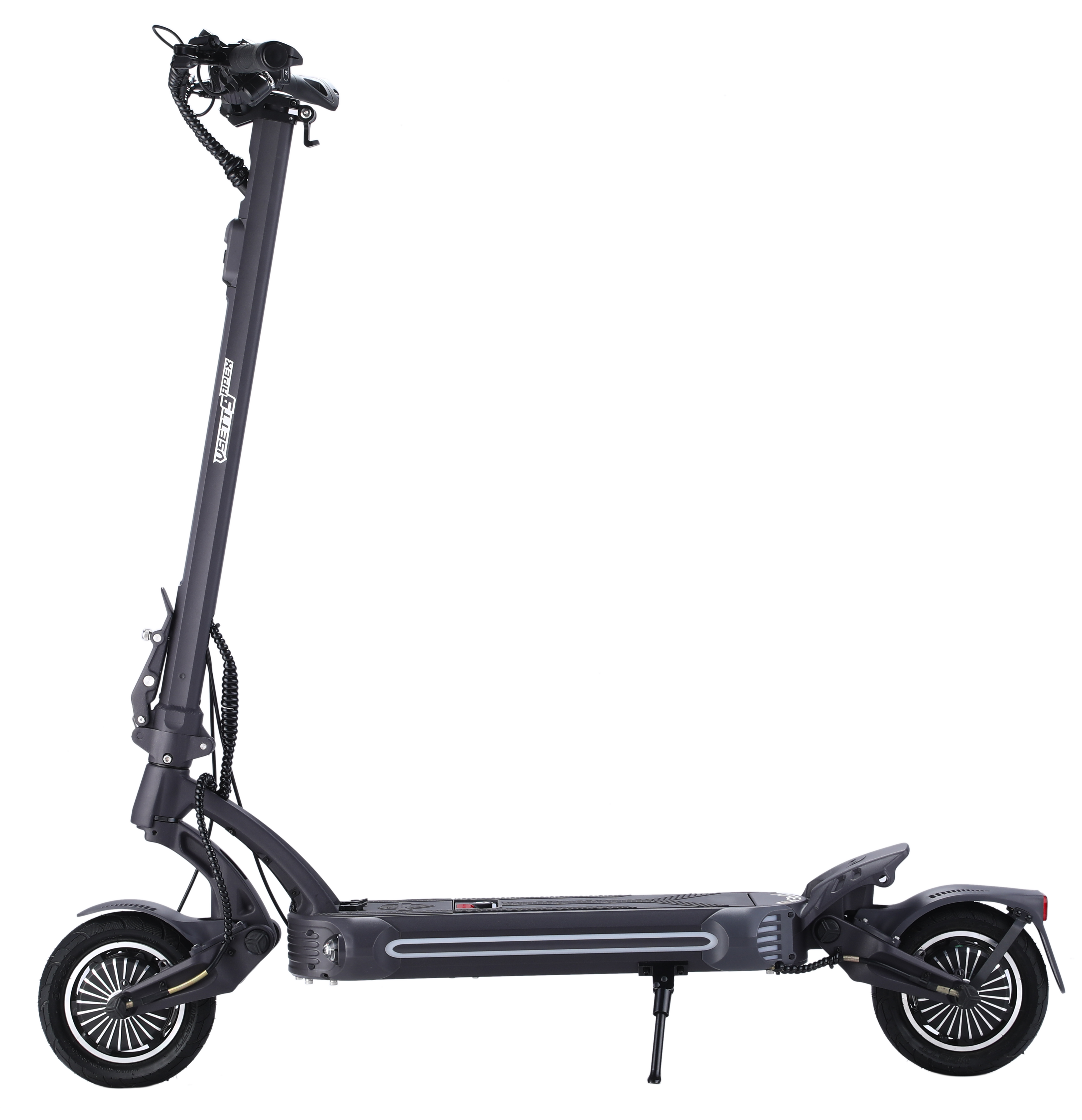 Gümüş aksanlar ve aydınlatmalı koyu renk elektrikli scooter profili.