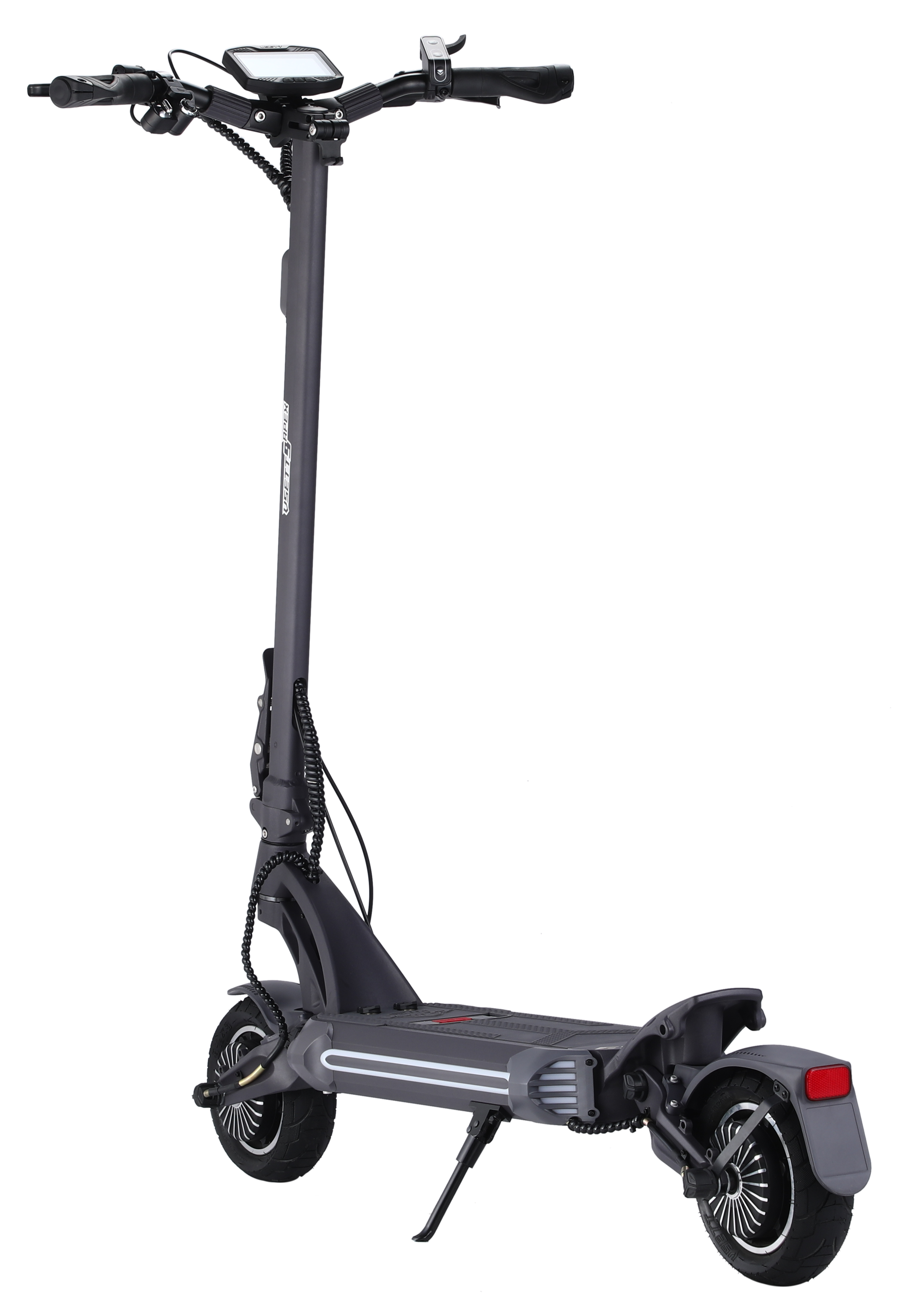 Ekranlı, gidonlu ve süspansiyonlu gri elektrikli scooter.